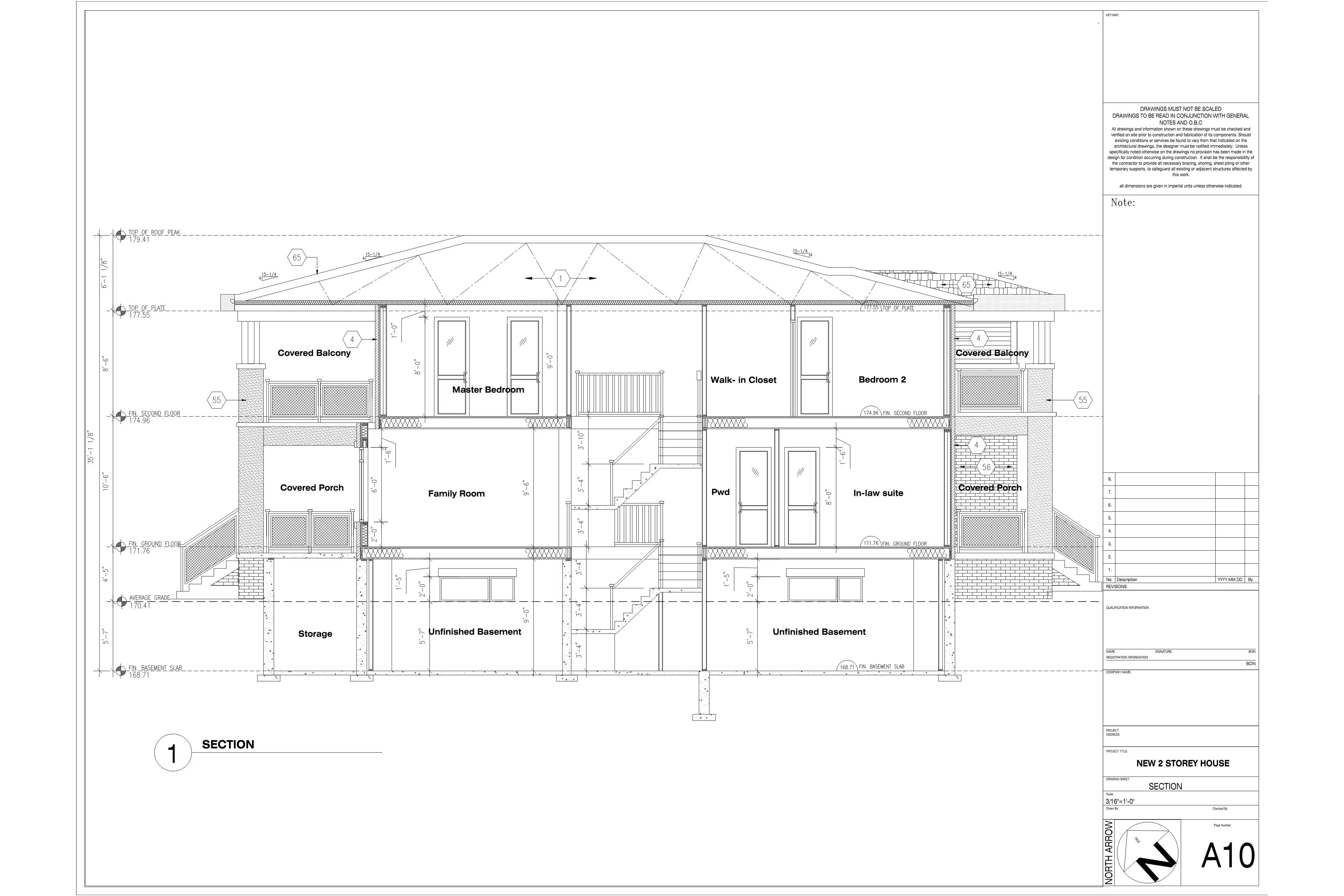 Architectural CAD section drawing detailing the vertical layout of a 2-storey house, including basement, family room, and in-law suite.
