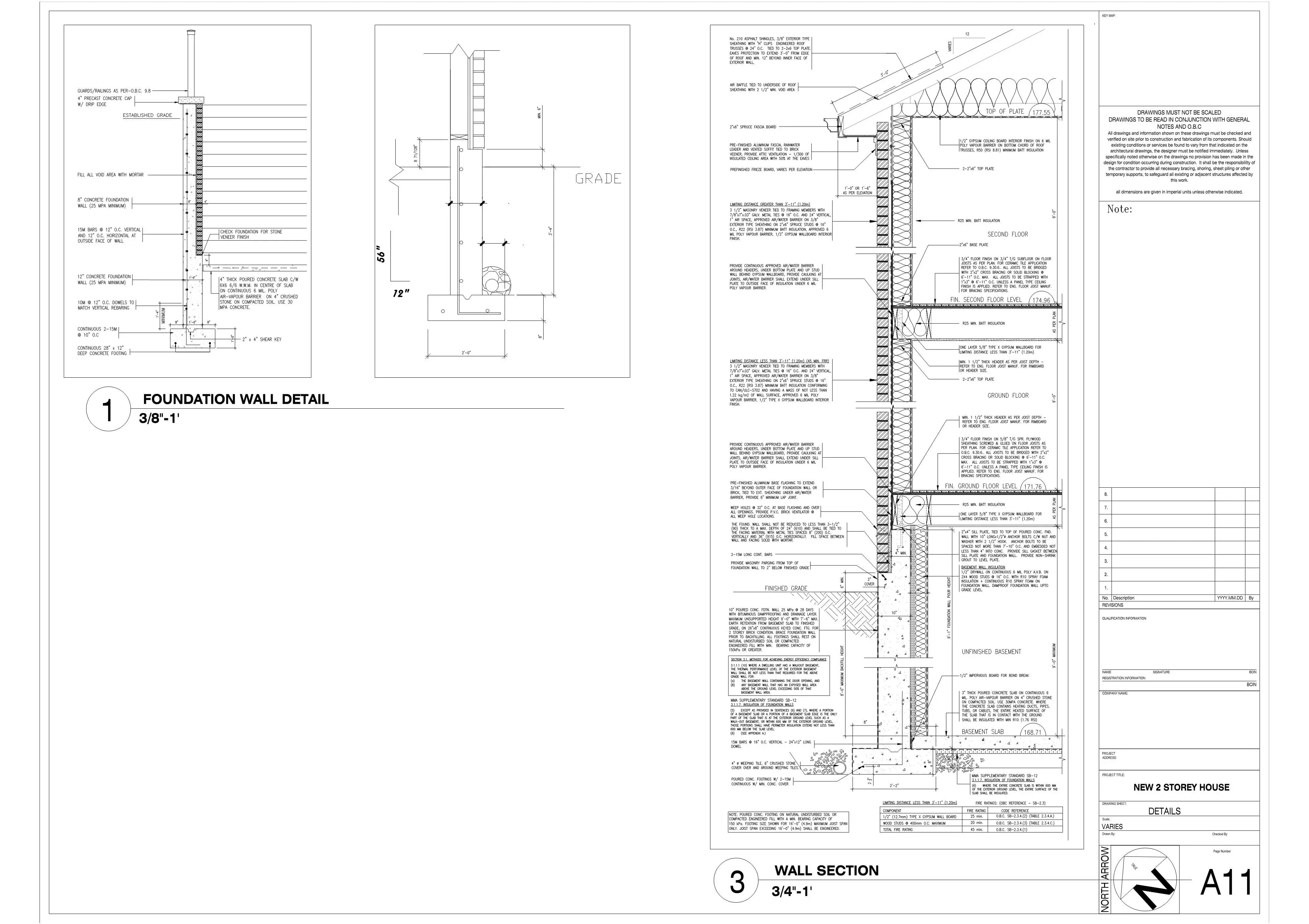 Architectural CAD drawing showing residential foundation wall details, footing sections, and vertical wall construction specs.