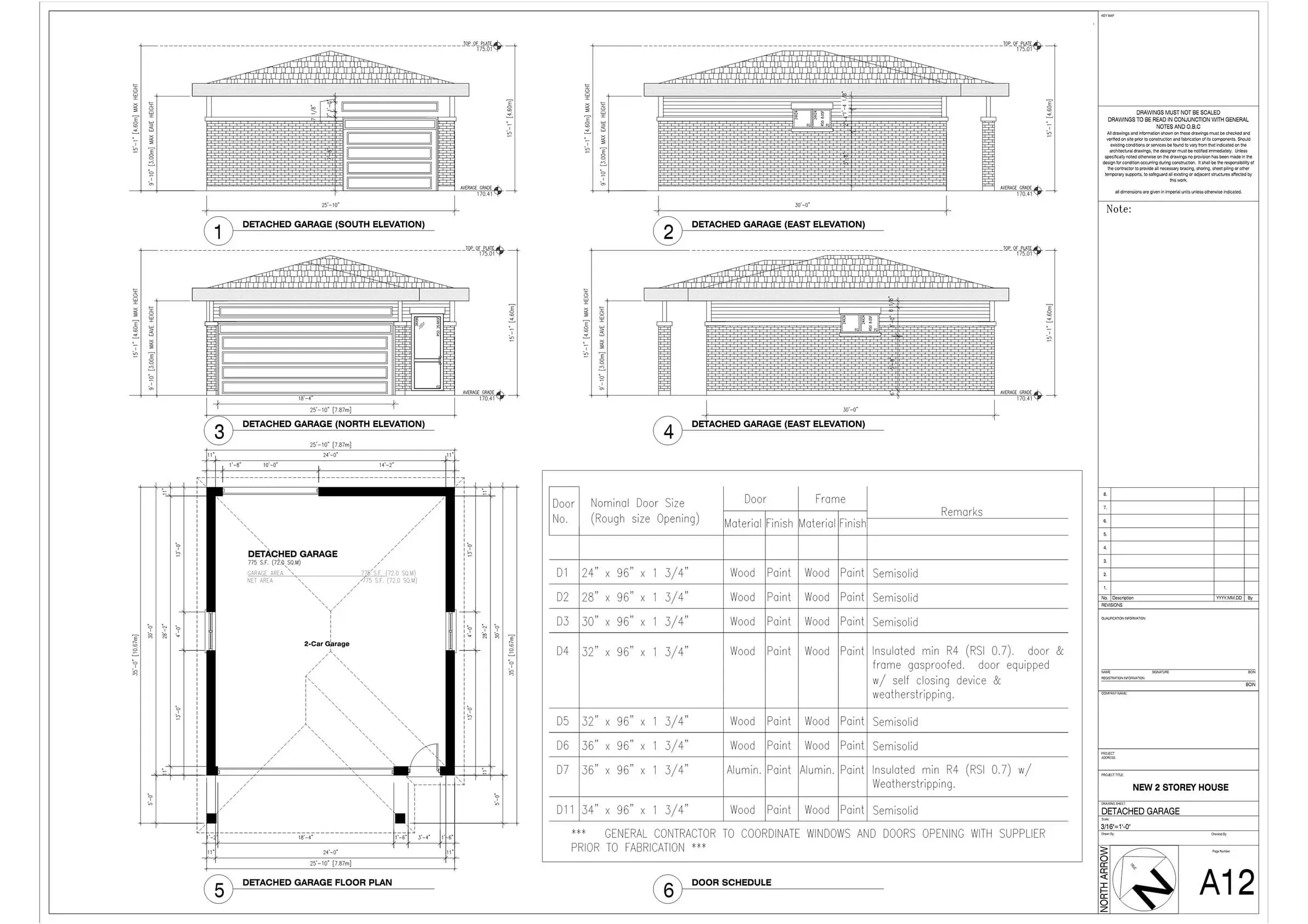 Architectural CAD drawing of a 2-car detached garage showing floor plan, exterior elevations (North, South, East, West), and door schedule.