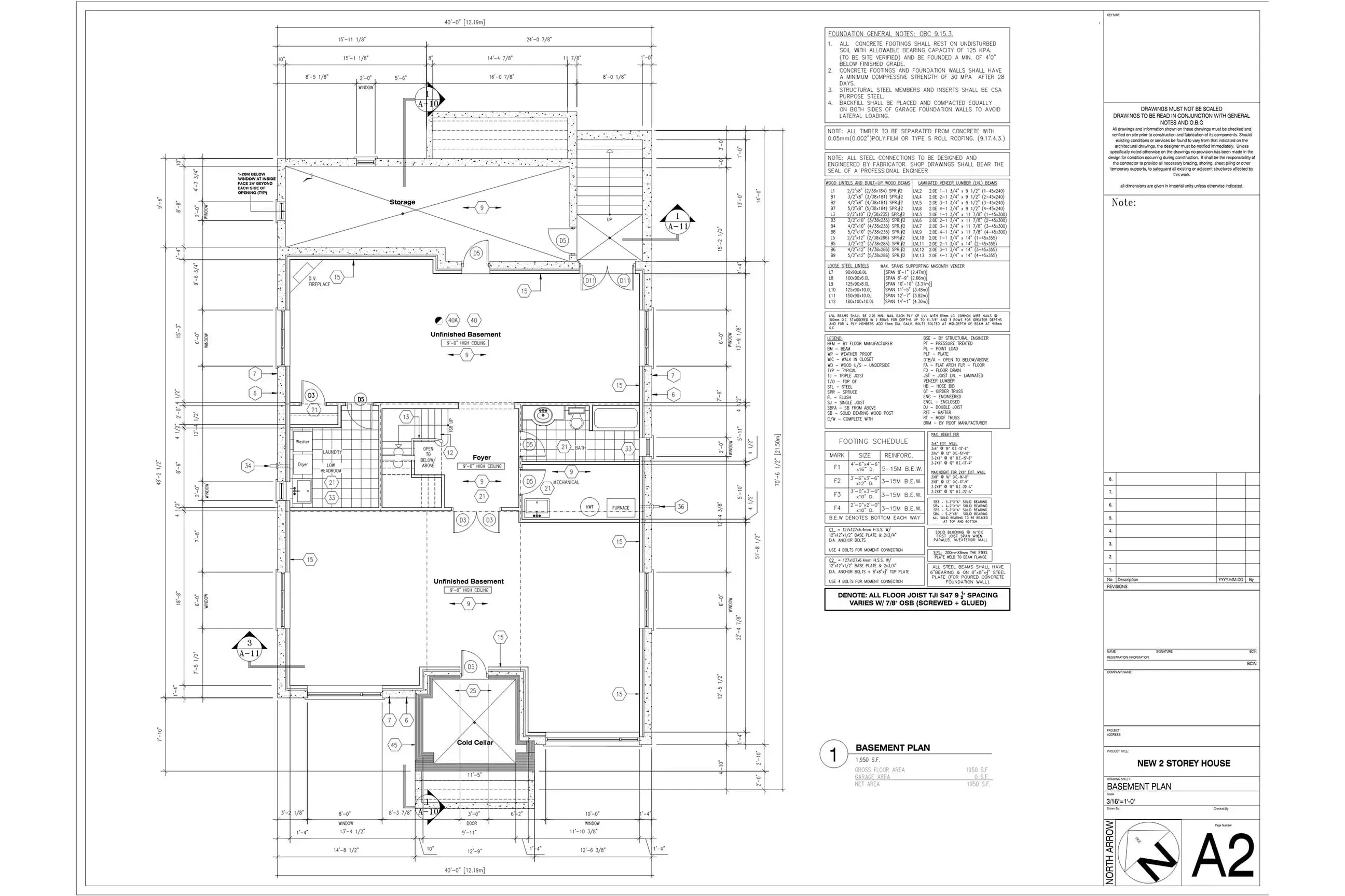 Architectural CAD drawing of a residential basement plan with foundation notes, footing schedule, and cold cellar layout.