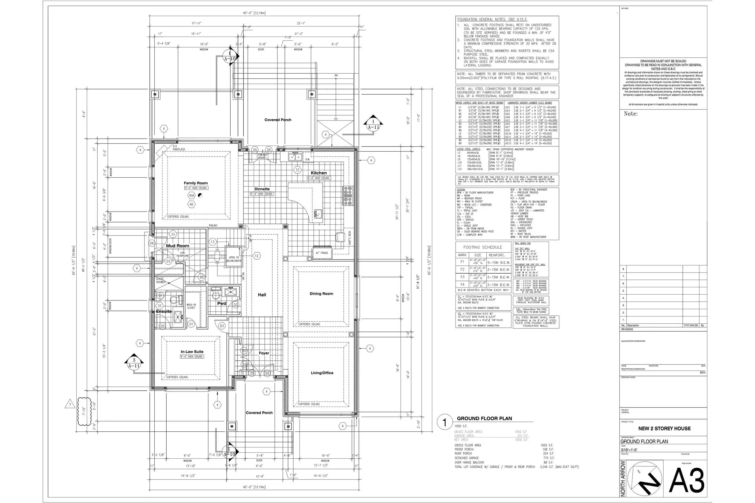 Architectural CAD drawing of a residential ground floor plan showing kitchen, family room, and living areas.