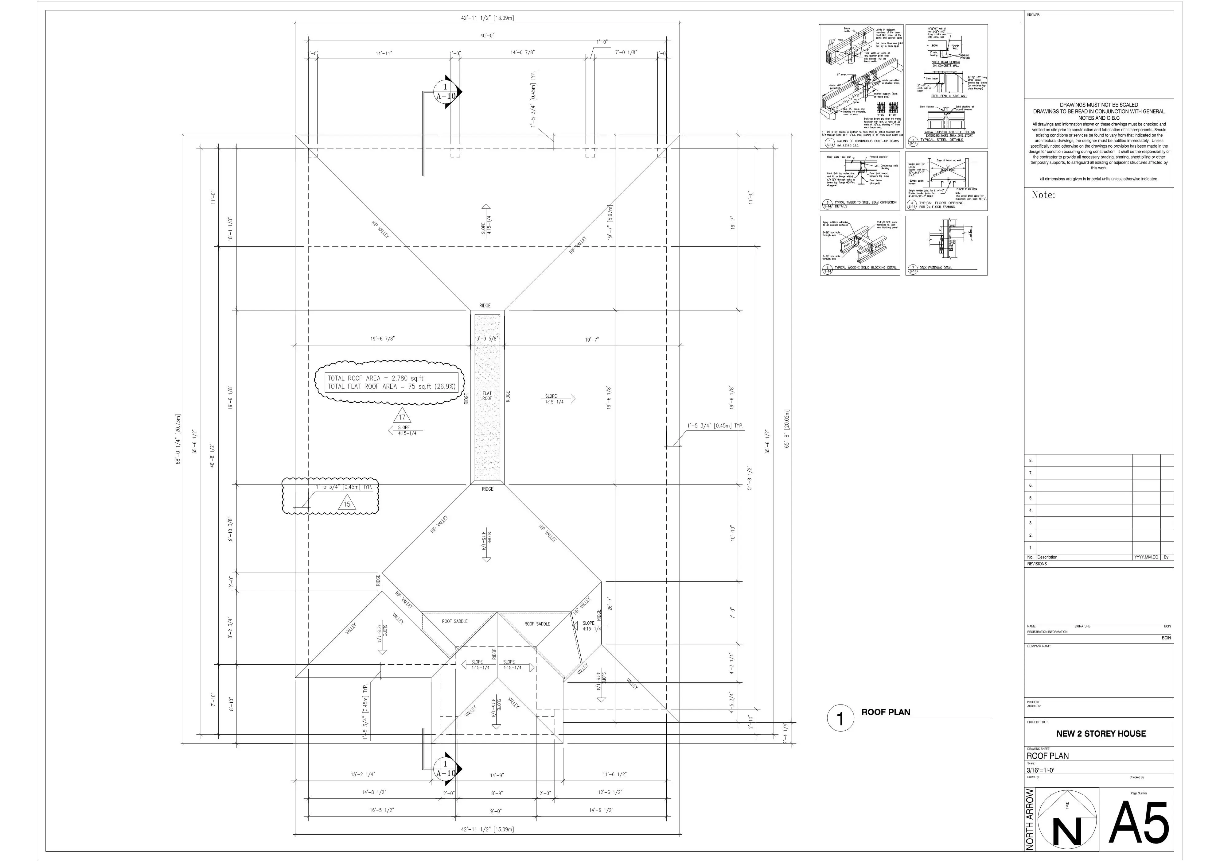 Architectural CAD drawing of a residential roof plan showing slopes, hip valleys, and area calculations.