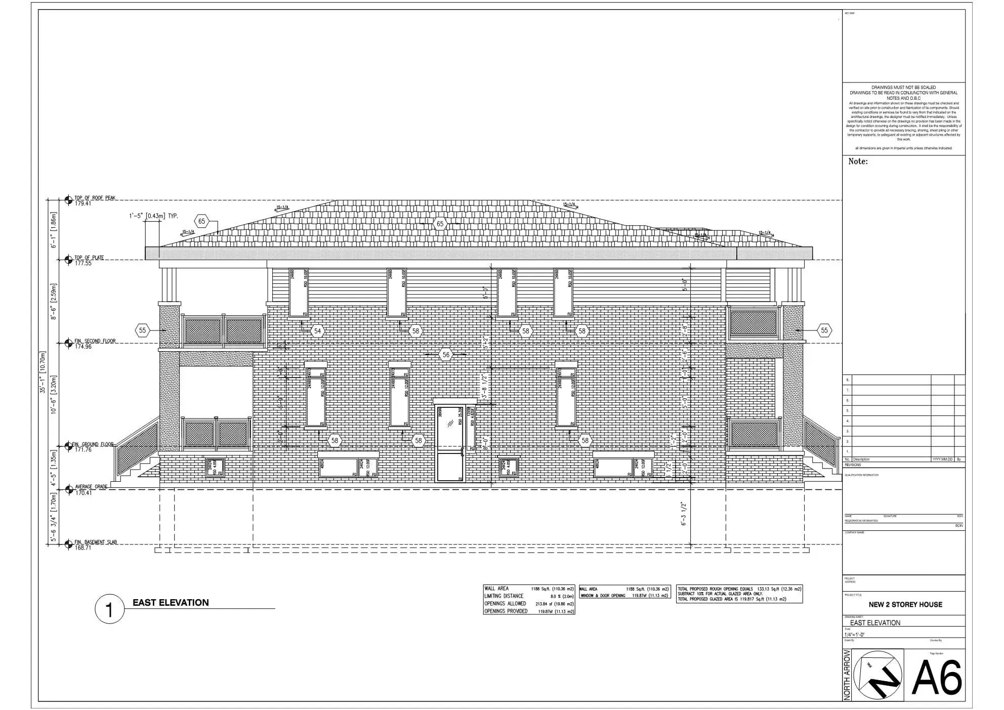 Architectural CAD drawing of a residential East Elevation showing exterior brick, siding, and window layouts.