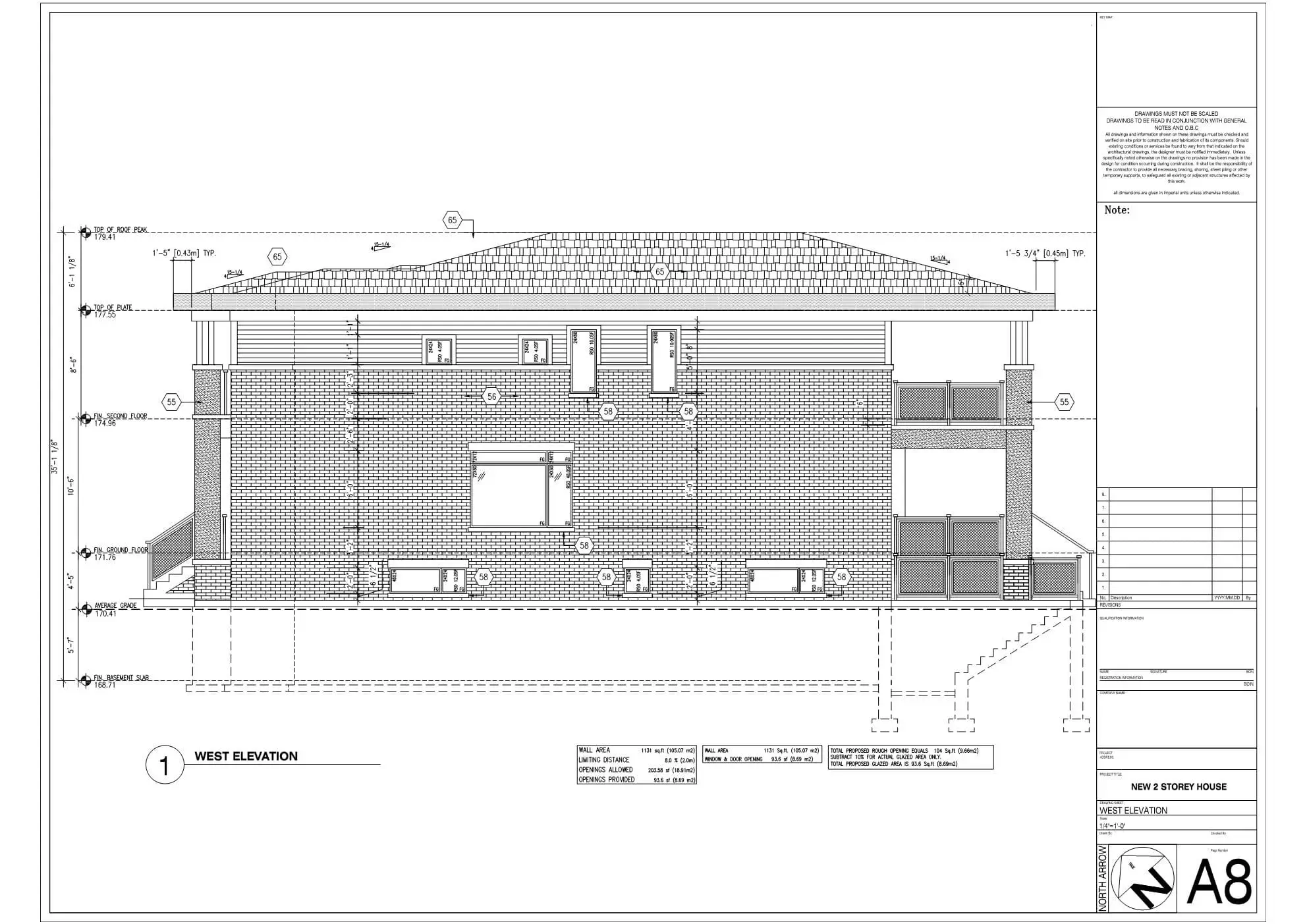 Architectural CAD drawing of a residential West Elevation showing exterior brickwork, window placements, and side profile.