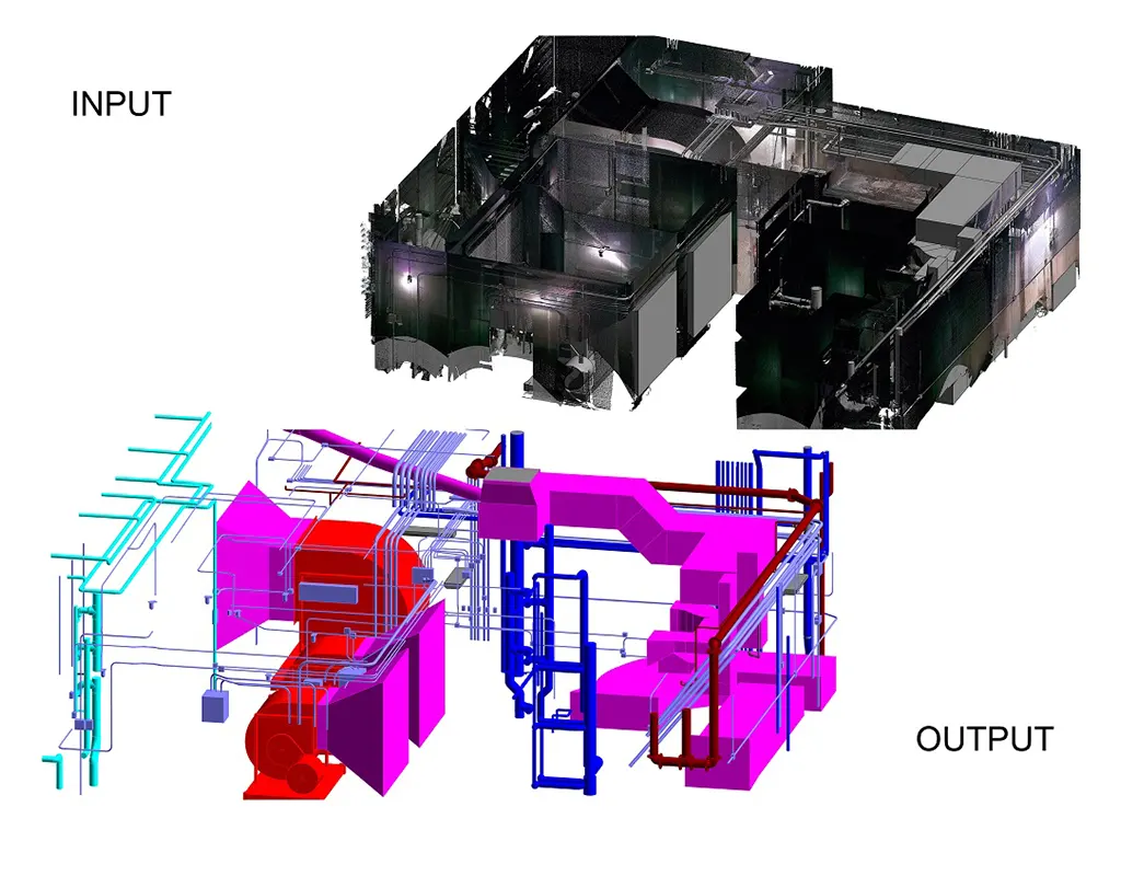 Scan to BIM workflow example transforming a laser scan into accurate MEP piping and ductwork models.